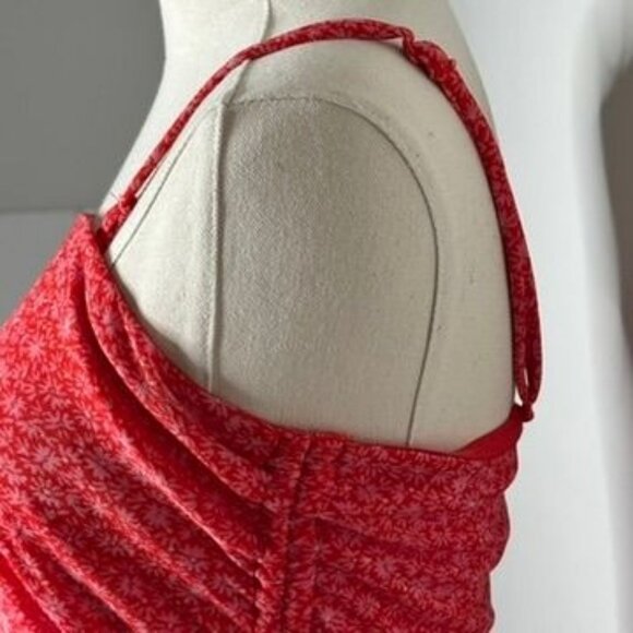 Red Floral Ruched Mesh Assymetrical Midi Dress Womens M Y2K Coquette 90s Beachy - Picture 4 of 12